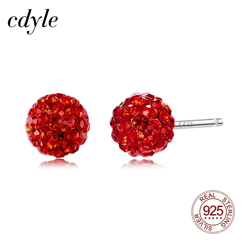 Cdyle S925 Серебряные серьги гвоздики Красный Кристалл маленький шар для
