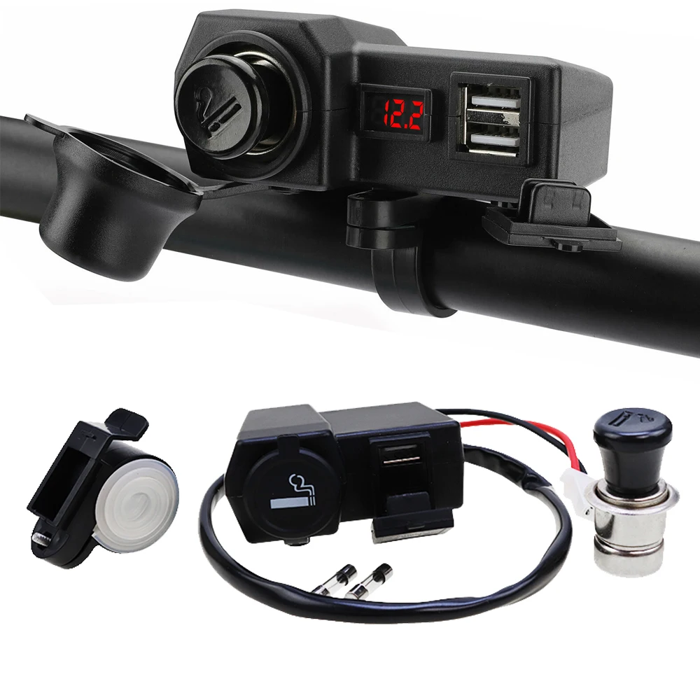 

Универсальное водонепроницаемое зарядное устройство с двумя USB-портами на руль мотоцикла, прикуриватель для скутера, квадроцикла, электрич...