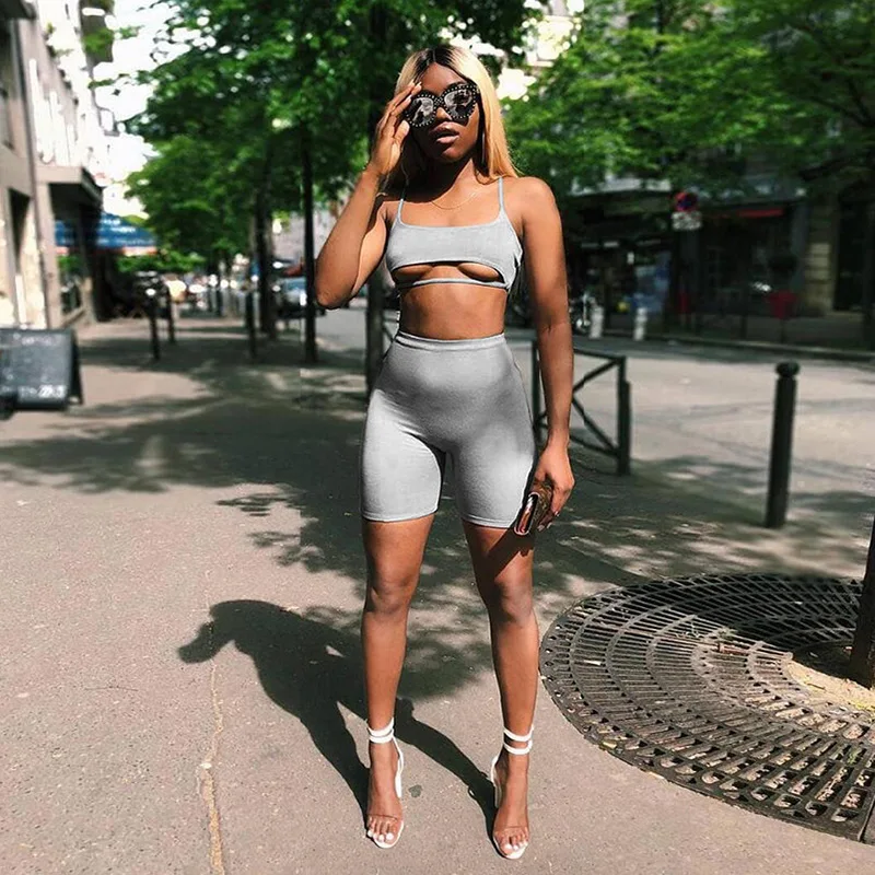 

Skennyee Club Street Sexy Lady Suits Hollow Out Tops Spaghetti Strap Suit Skinny Party Shorts 2 Piece Set Fashion Sexy Outfits
