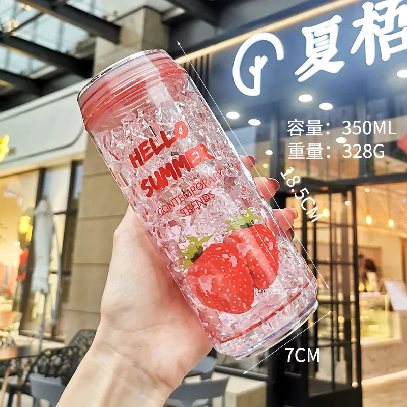 

Creative Fruit Cans Double-layer Refrigeration Bottles Summer Ice Cup Kawaii Plastic Outdoor Sports Drinking Straw Water Bottle