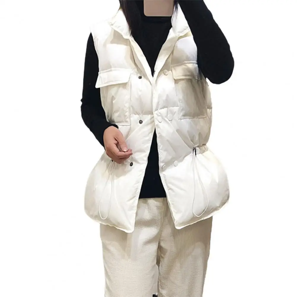 Women Winter Cardigan Vest Stand Collar Solid Color Drawstring Ladies Sleeveless Padded Ladies Coat