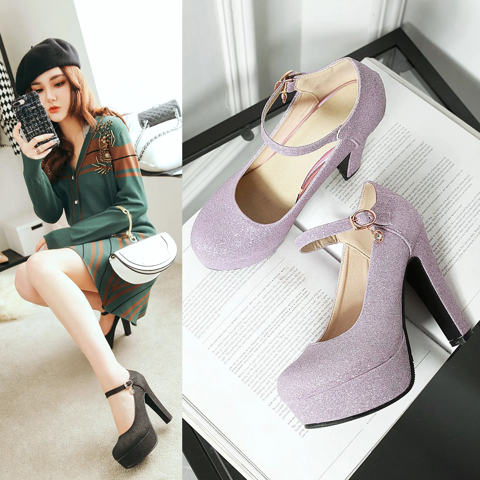 Блестящие женские туфли лодочки на платформе Цвет золотой фиолетовый Расшитая