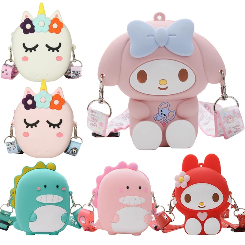 

Новинка, популярная мультяшная Наклонная Сумка через плечо My Melody, Детская сумка через плечо с игрушками-антистрессом, модная сумка с единор...