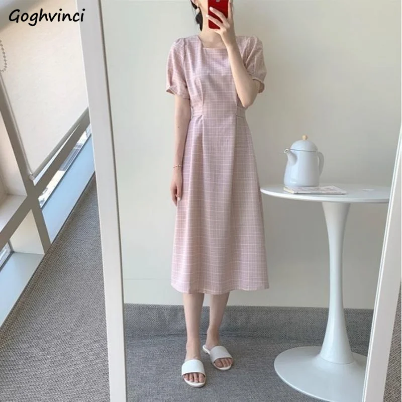 

Summer Plaid Mi-calf Dress Women Short Sleeve Square Collar Gentle Sweet Girls Lace-up Slim Vintage French Style Student Vestido