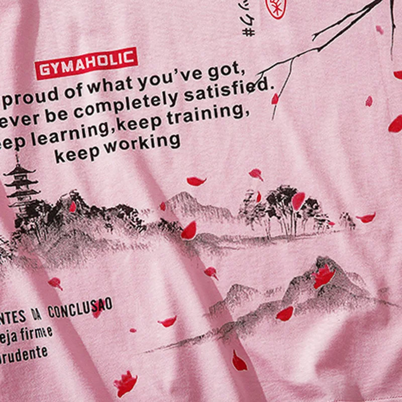 

Men Hip Hop T Shirt 2021 Streetwear Japanese Sakura Painting Tshirt Short Sleeve Cotton Summer Harajuku T-Shirt Japan Style Pink