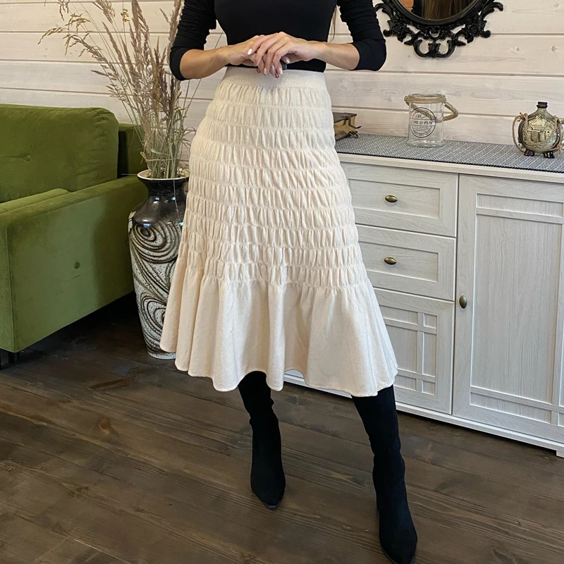 

Colorfaith New 2022 Knitted Fashionable Flare Vintage High Waist Elegant Lady Ruched Spring Winter Women Long Skirts SK1534JX