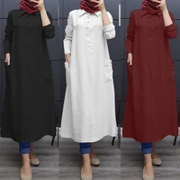 women muslim dress turn down collar solid casual spring winter long shirt dresses