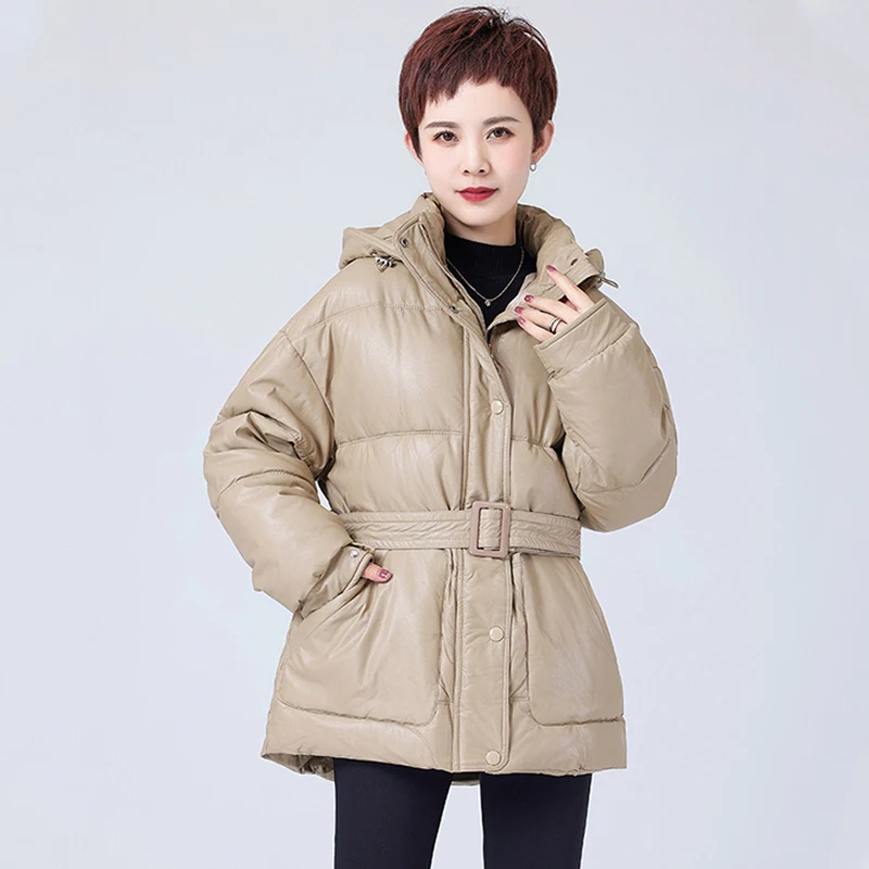 

LY VAREY LIN New Winter Women Pu Cotton Coat Fashion Hooded Zipper Thick Warm Jacket with Belt Loose Solid Color Snow Outwear