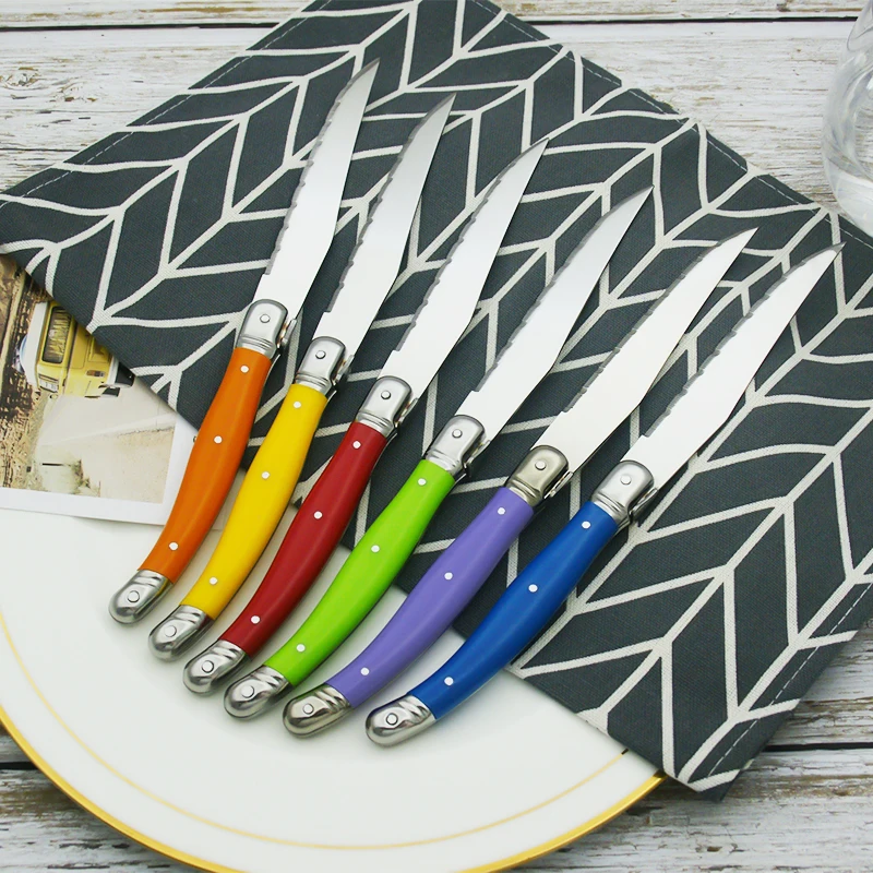 

6pcs Laguiole Steak Knives Rainbow Dinner Knife Stainless Steel Tableware ABS Plastic Handle Dinnerware Set Multi-color Russian