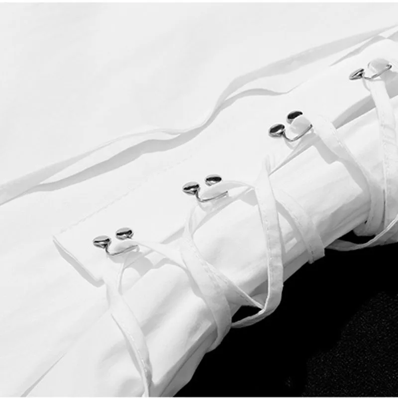 

DEAT Women White Big Size Bandage Hollow Out Dress New Stand Neck Long Sleeve Loose Fit Fashion Tide Spring Autumn 2021 GX232