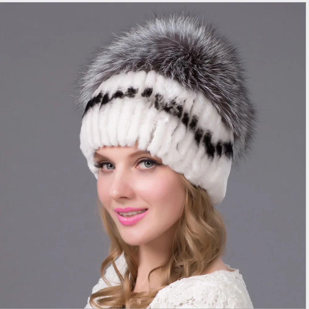 Russian Womens Hats Winter Warm Luxury Fox Fur Top Beanie Hat Handmade Knitted Lady Caps Real Rex Rabbit Fur Hats For Women