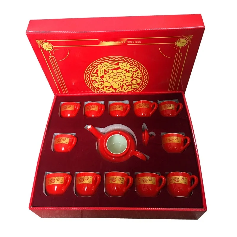 

Kitchen Bar Counter Supplies Wedding Tea Set Red Family Dowry pot Chinese Products with Ceramic Ware Cup