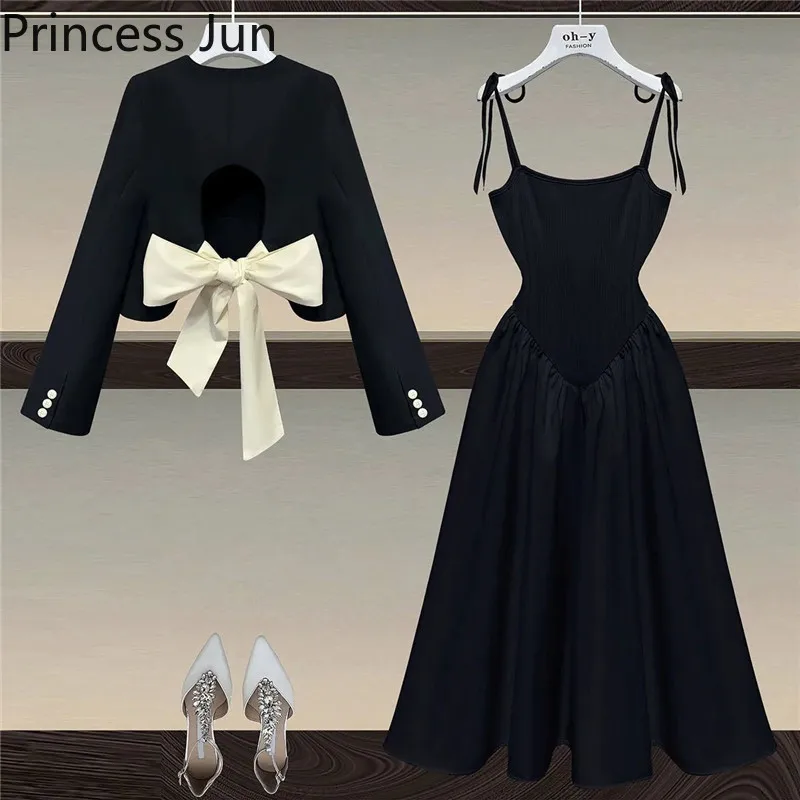 

Fashion 2 Piece Suits Outfits Slim Bowknot Back Sweet Short Blazer&Sleeveless Strap Dress Plus Size 4XL Women 2 Piece skirt Sets