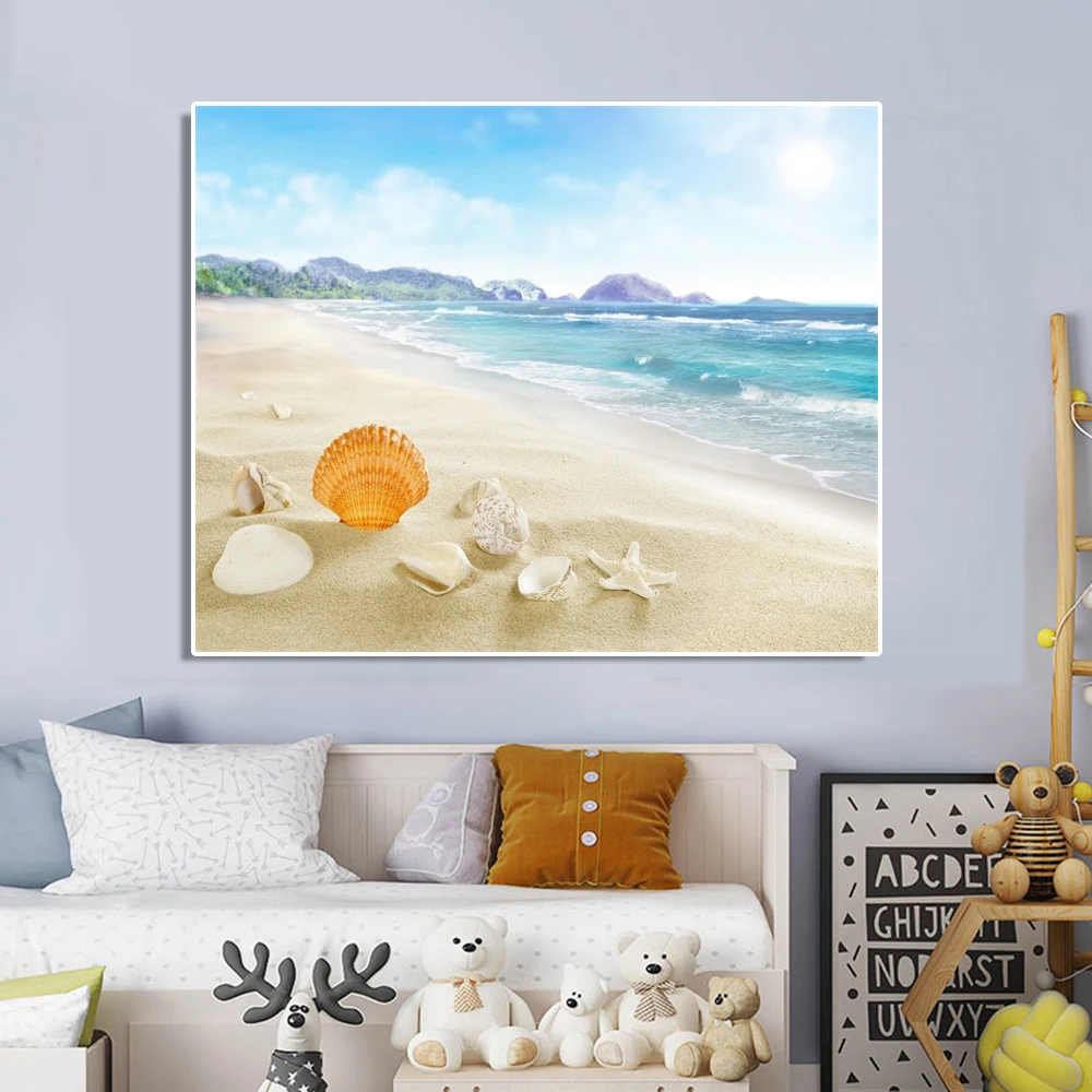 

Laeacco Canvas Sea Beach Shell Starfish Painting Wall Artwork Posters and Prints Nordic Living Room Bedroom Home Decor