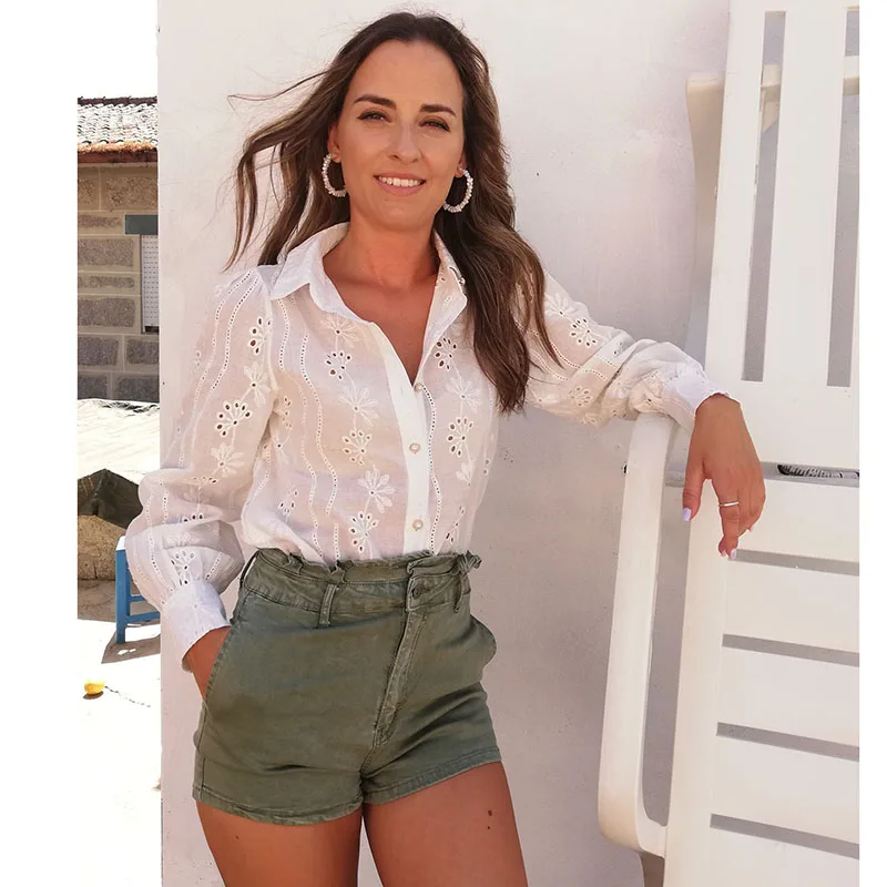 Женская прозрачная блузка с длинным рукавом Hallow Out Элегантная 2020 | одежда