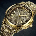 Модные деловые мужские ретро часы, кварцевые Рельефные Стальные часы с браслетом, бронзовый календарь, властные Оригинальные красные мужские часы