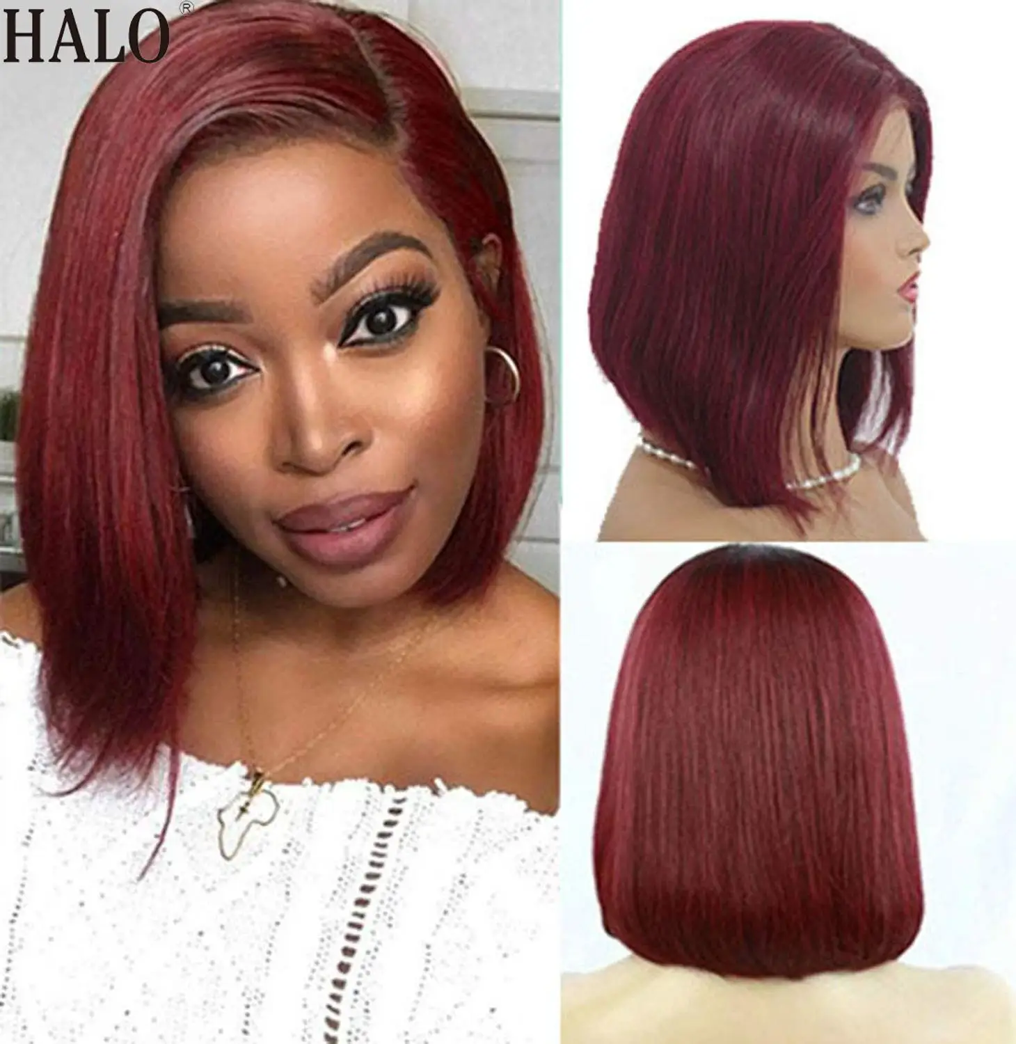 Короткий Боб бордовый парик 13x4 Синтетические волосы на кружеве человеческих