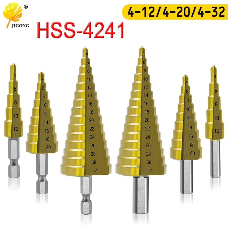 HSS шаг сверла титановое покрытие 4-12 мм 4-22 мм 4-32 мм конус отверстие резак 1/" Шестигранная ручка треугольник ручка бит для металла дерева
