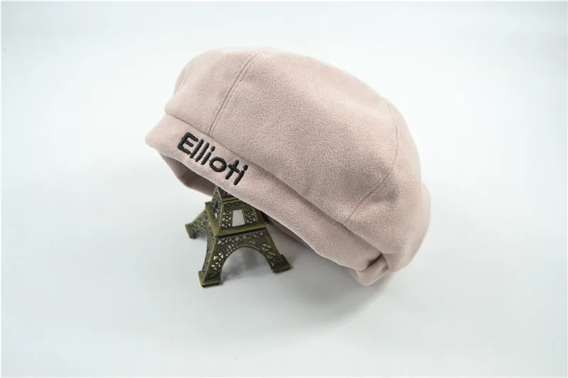 pink Зимний берет, Женская плоская шапка, шерстяные шапки Hariy, женские береты для девушек, шапка, женская шапка с вышитыми буквами, шапка художника - Цвет: pink