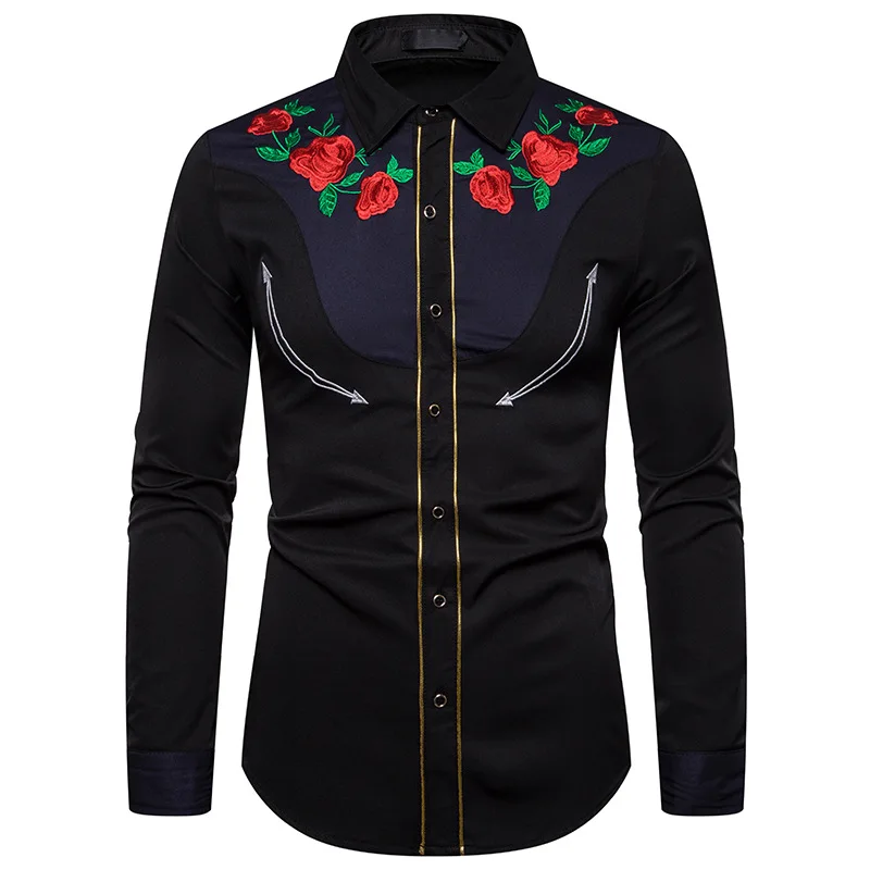 Рубашка мужская с вышивкой в западном стиле элегантная приталенная Повседневная