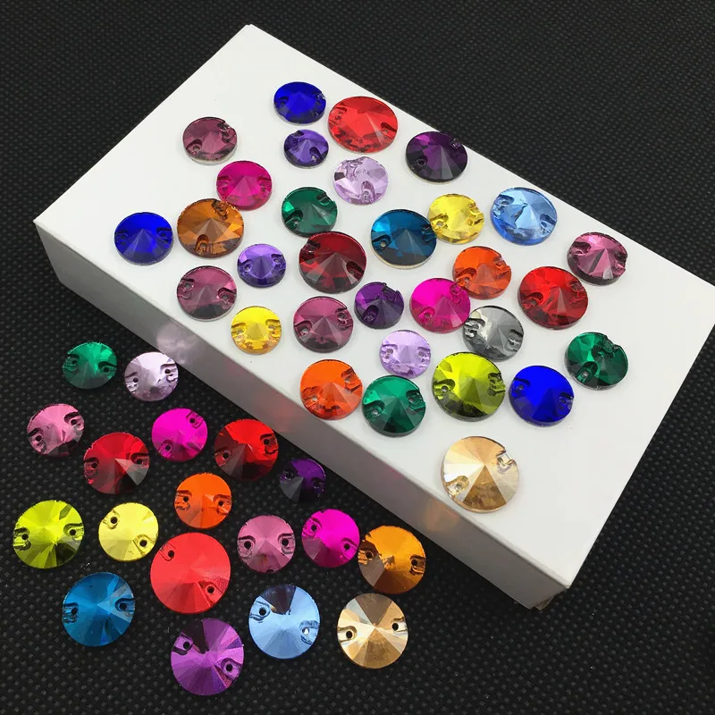 Rivoli round glass Crystal flatback with 2holes 8 10 12 14 mm Sew on rhinestone beads crystals for wedding dress shoes bags diy | Дом и сад