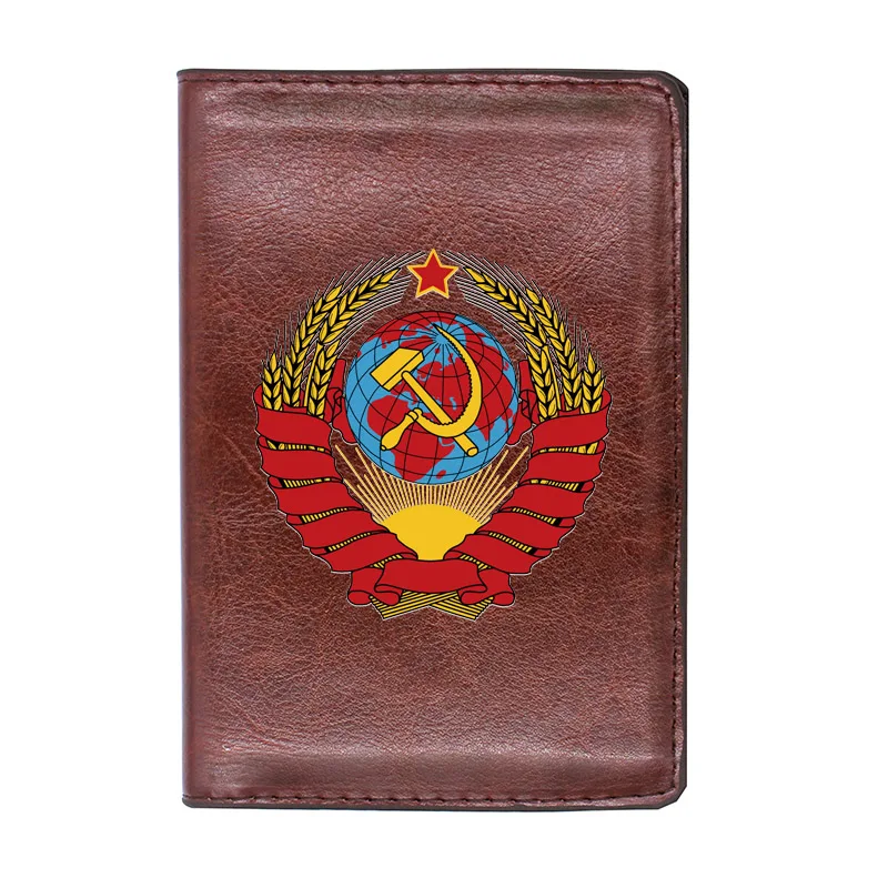 

High Quality Leather Soviet Union Sickle Hammer Printing Travel Passport Cover ID Credit Card Case