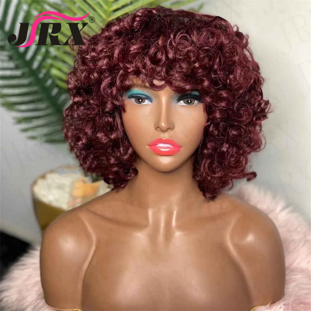 Short Bob Curly Wig Human Hair Burgundy Full Machine Made Human Hair Wigs for Women Highlight Blonde Loose Curly Bangs Wig