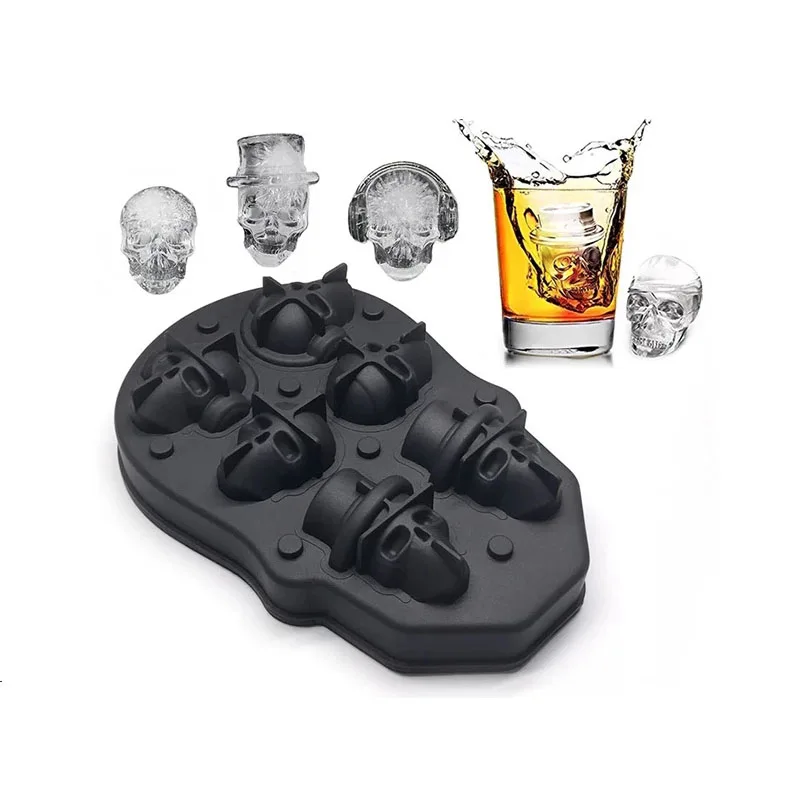 

1pcs 3D Ice Cube Maker Skull Flexible Silicone Ice Cube Mold Tray Makes Four Giant Skulls Round Ice Cube Maker Black
