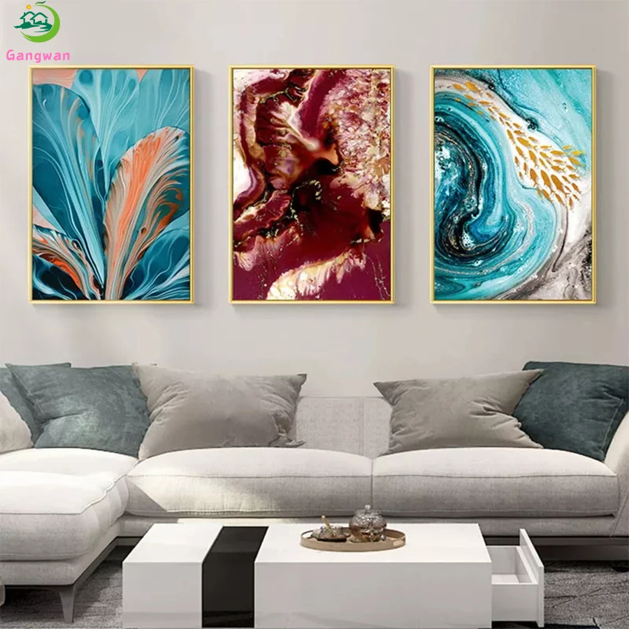 

Diamond Embroidery Abstract art, leaves, ocean Diamond Painting Full Square round drill Mosaic Cross Stitch Wall Art3 pcs
