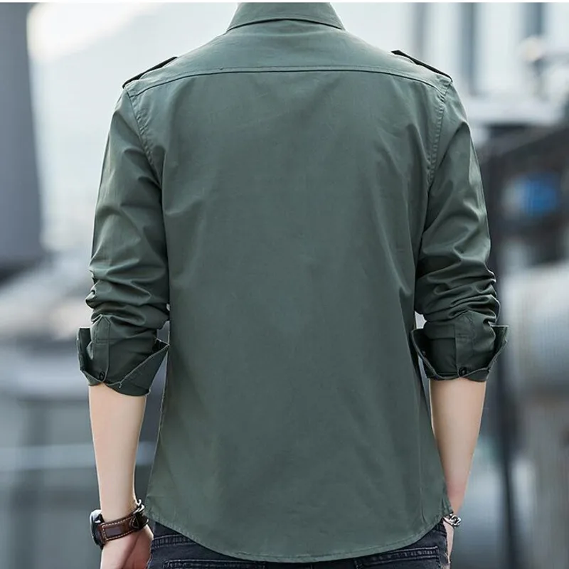 #4739 Khaki Blue Green Casual Military Cargo Shirt For Men Long Sleeves Slim Fit Men's Shirts Cotton Lapel Collar Plus Size 5XL | Мужская