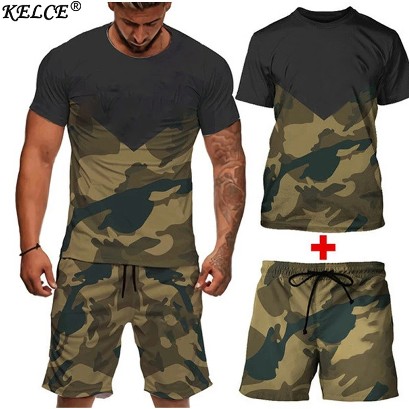 New Summer Men's Camouflage Suits Short Sleeves Sportswear Male Fashion Casual Loose Patchwork 2-Piece Sets T-Shirt+Shorts