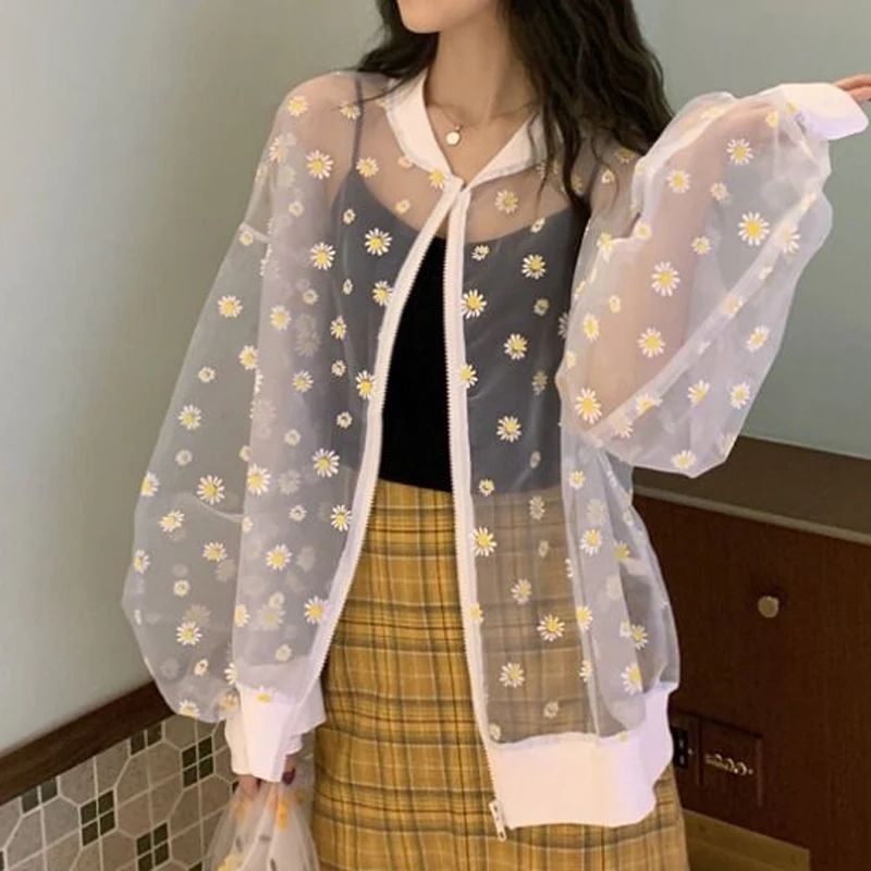 

Mesh See Through Loose Jacket Daisy Floral Print Thin Sunscreen Coat Summer Women Long Sleeve Casual Zipper Bomber Jacket