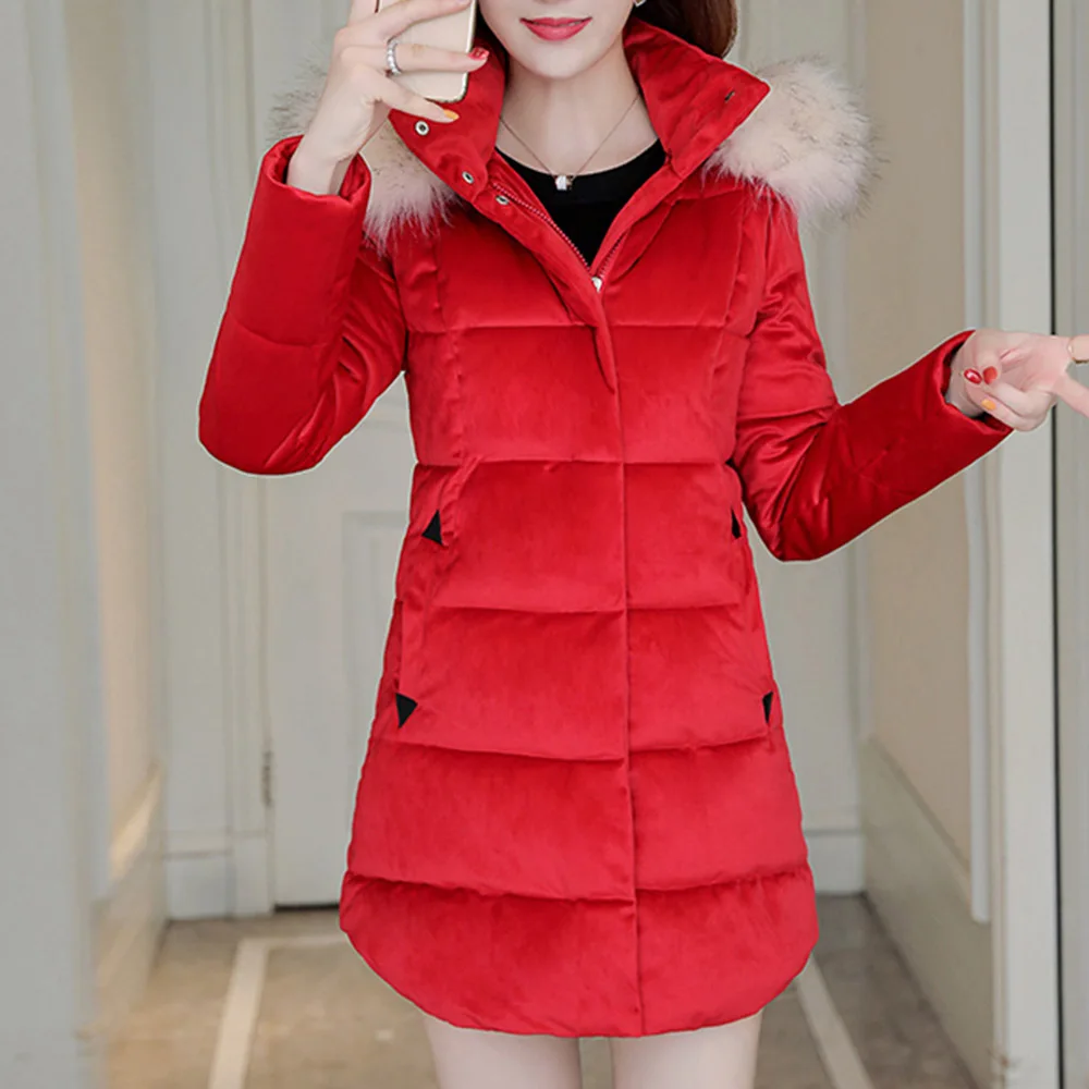 

Gold Velvet Cotton Padded Parkas Women Middle And Long Style Down Jacket 2020 New Korean Slim Fox Fur Hooded Winter Coat