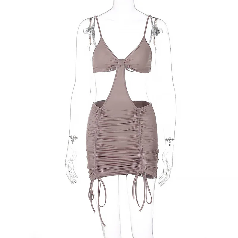 

CIGGANTFUL 2021 Summer Women Spaghetti Strap Pure Color Hollow Ruched Short Club Dress Wholesale Bodycon Mini Club Wear