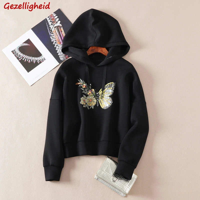 

Gezelligheid 2021 Spring Autumn Runway Fashion Elegant Embroidered Beaded Space Cotton Hoodies Loose Long Sleeve Sweatshirts Top