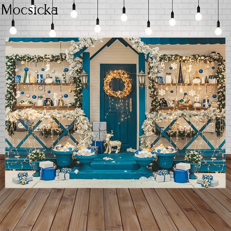 

Merry Christmas Photography Backdrop Gifts Shop Background Decor Prop Winter Blue House Child Birthday Cake Smash Portrait Photo
