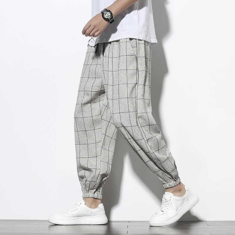 

2021Ready StockMale Plaid Cotton Linen Pants Men Loose Harem Pants Mens Autumn Vintage Casual Trousers Men Clothing Streetwear