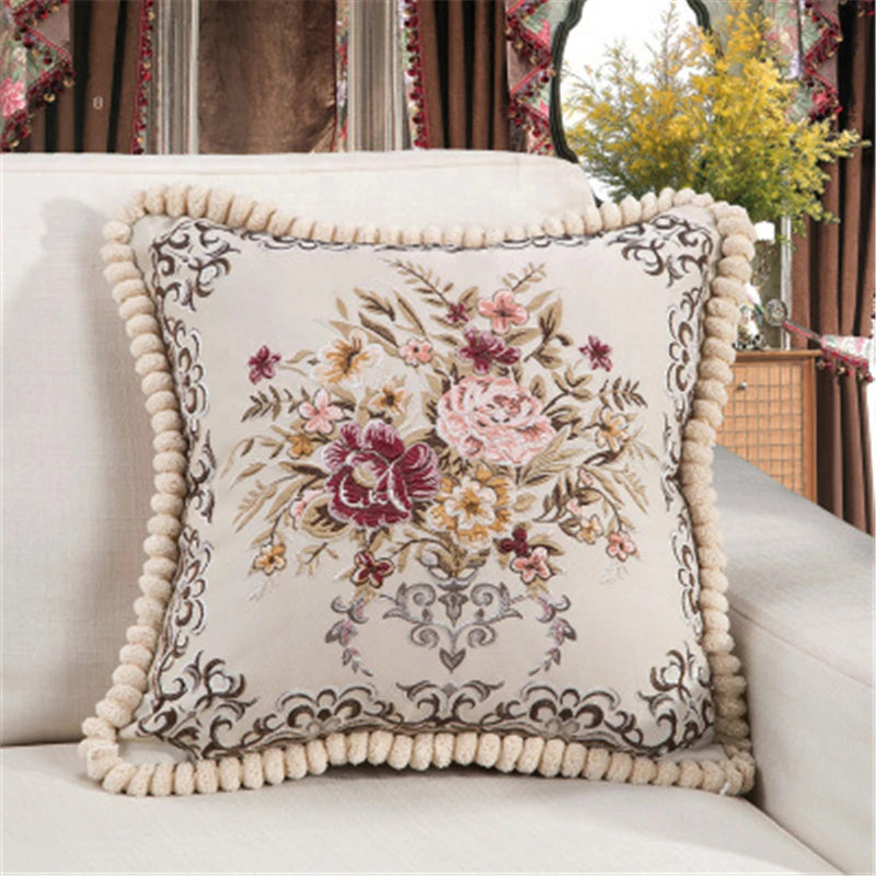 

European Luxury Cushion Cover Floral Embroidered Pillow Case Home Decor Cushions For Sofa Living Room 50*50cm Throw Pillow Cover