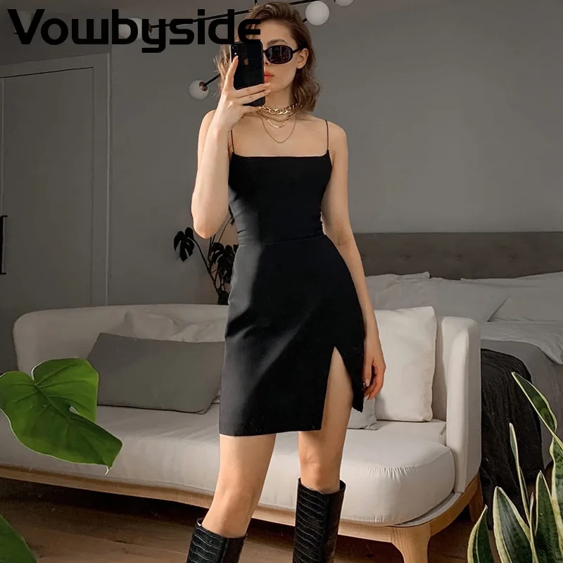

Women's Summer New Style Solid Color Spaghetti Strap Sleeveless Open Back Split Dress Above Knee Mini Dress