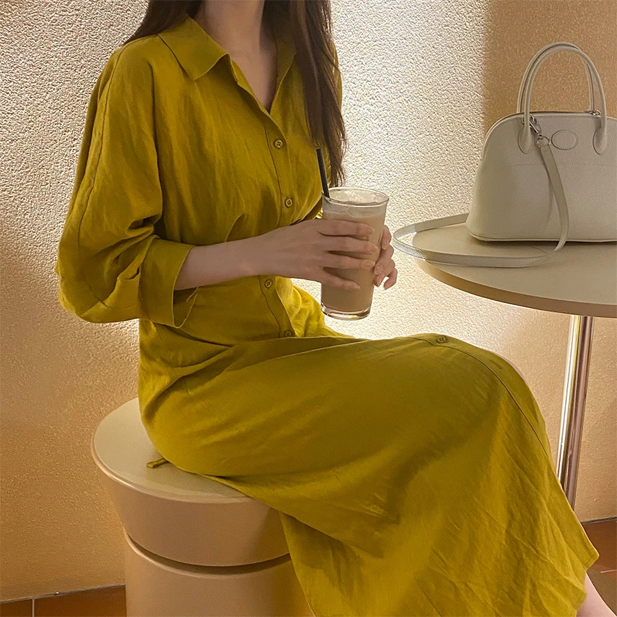 

Summer Office Elegant Women's Vintage Dress Casual Tie Half Sleeves Lapel Yellow Shirt Dress Female Vestidos