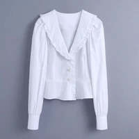 spring women v neck button decoration white shirt female puff sleeve blouse casual lady loose tops blusas s8665