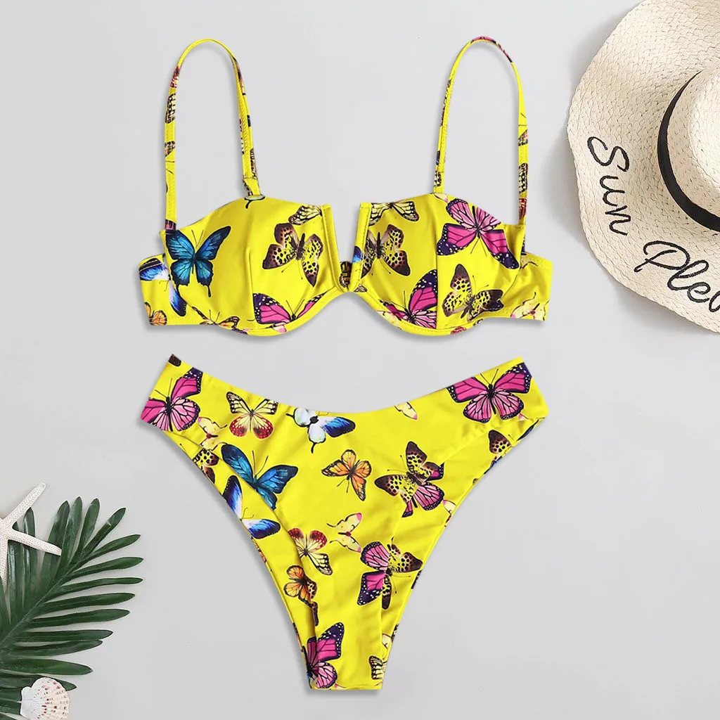 

Sexy Bandeau Bikini Set Women Floral Print Swimwear Push Up Swimsuit Brazilian Biquini Pink Bikinis Pad Bathing Suit Beachwear