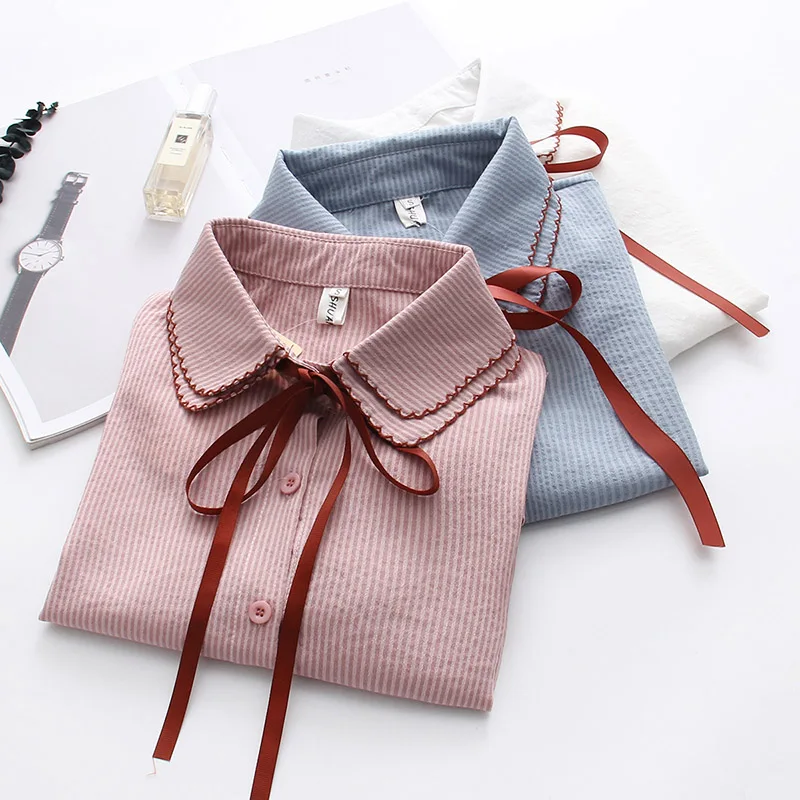 

Блузка женская хлопковая с длинным рукавом, Повседневная рубашка в полоску, с бантом на шее, Свободный Топ в Корейском стиле, весна 2021