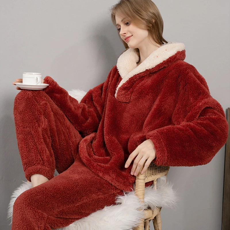 

Thicken Winter Pajamas Women Set Flannel Homewear Warm Sleepwear Plush Cozy Pyjamas Coral Fleece Pijamas Mujer Nightgown Suit