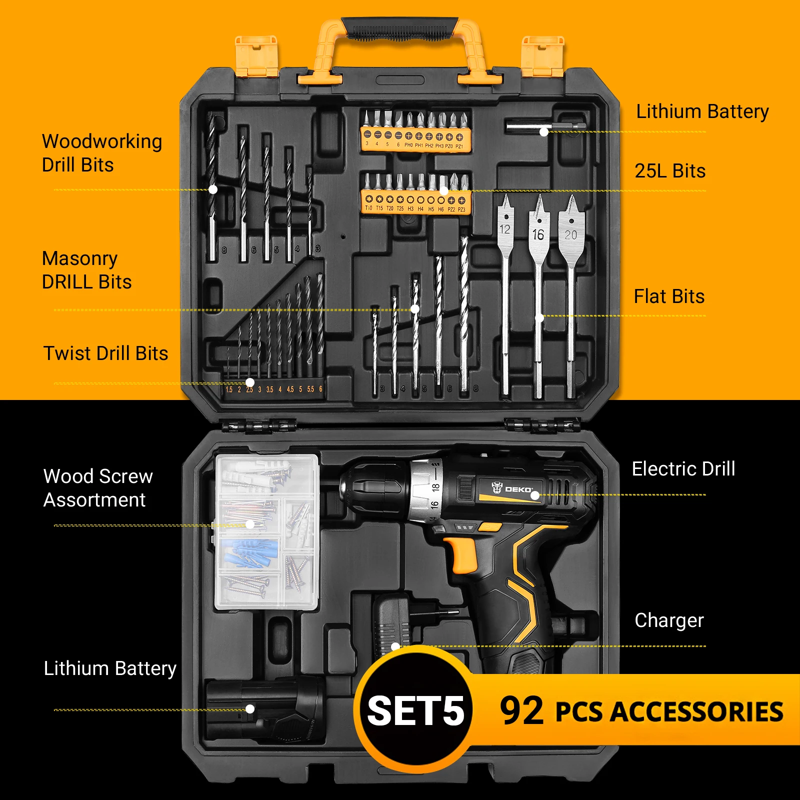 DEKO-Taladro Inalámbrico de 12V, destornillador eléctrico, CC, batería de iones de litio, 3/8 pulgadas, 2 velocidades, 32 N. M, 18 + 1, herramienta eléctrica de par LED