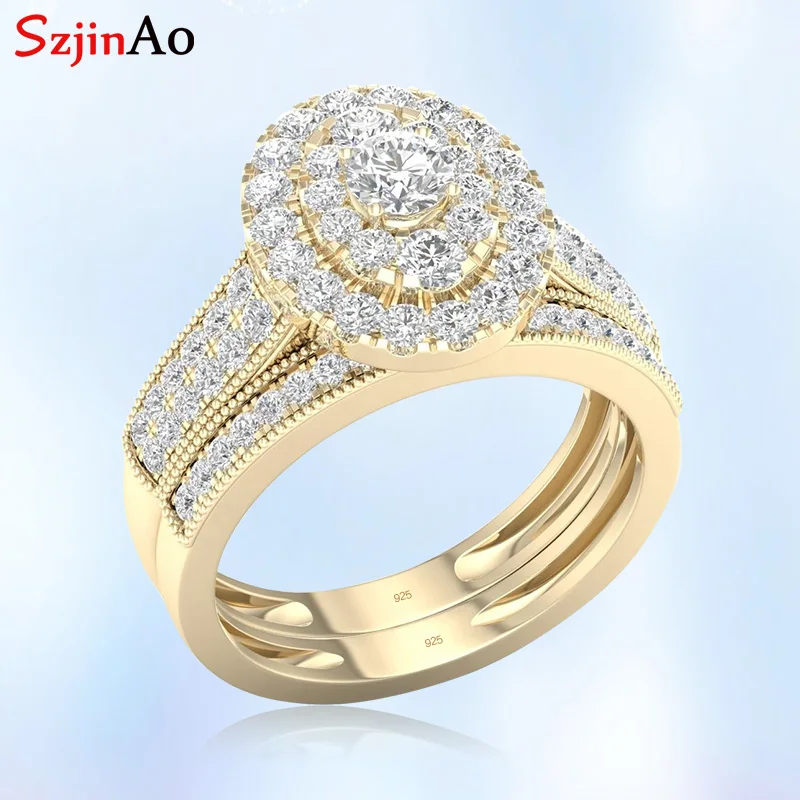 Szjinao Moissanite Diamond Wedding Couple Rings For Women Solid 925 Sterling Silver Gold Plated Luxury Famous Brand Jewelery Hot