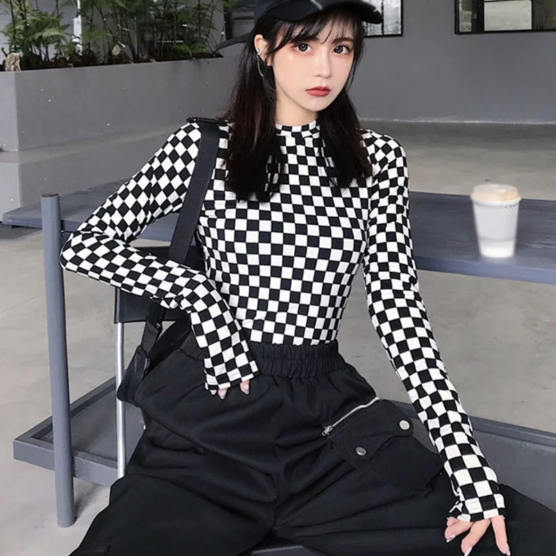 

Spring And Autumn Korean Slim Stretch Small Plaid Bottom Shirt Long Sleeve T-shirt Top Women's Black And White Plaid