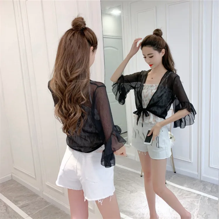 COIGARSAM Chiffon Shirt Womens tops Summer Spaghetti Strap Women shirts White Black 657 | Женская одежда