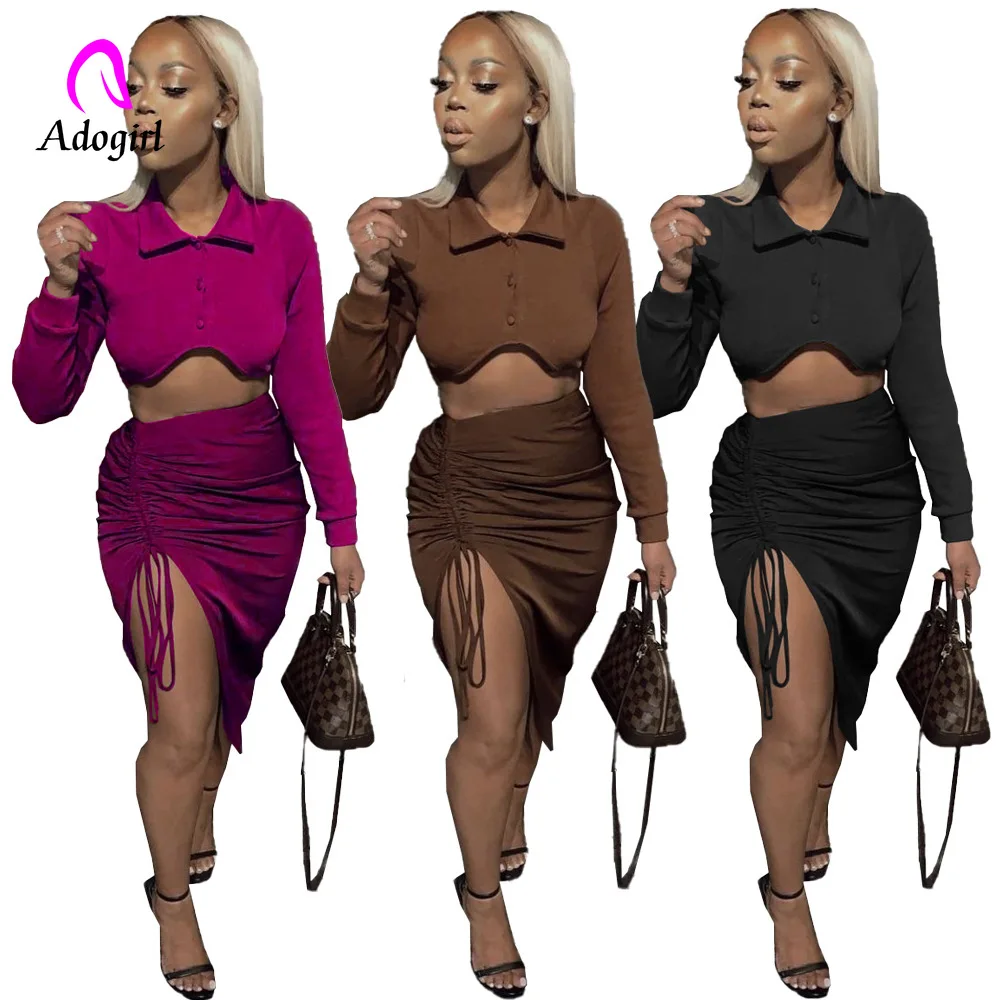 

Black Women 2 Piece Set Button Up Long Sleeve Solid Crop Top + Drawstring High Slit Bodycon Skirt Matching Set Sexy Club Outfits