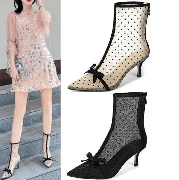Jual Mesh Kulit Hitam Polka Dot Renda Transparan 7 Cm Stiletto Tumit Menunjuk Toe Dasi Sepatu Bot Pendek Fashion Tumit Rendah Sepatu Wanita